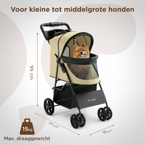 TrevoPet® Zusammenklappbarer Hundekinderwagen - Für kleine und mittelgroße Hunde bis 15 kg - Kinderwagen mit Becherhalterung und großem Aufbewahrungskorb - Beige