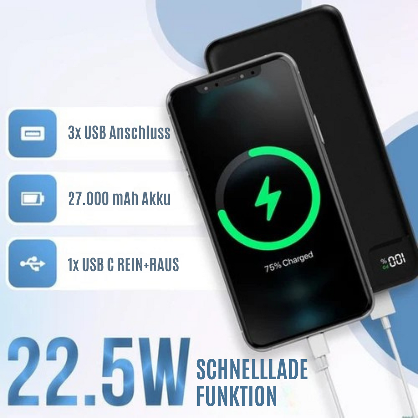 Strex - Powerbank - 27.000 mAh - 22.5W Schnellader - USB-A/USB-C - Universelle Powerbank für u.a. iPhone/Samsung - Schwarz