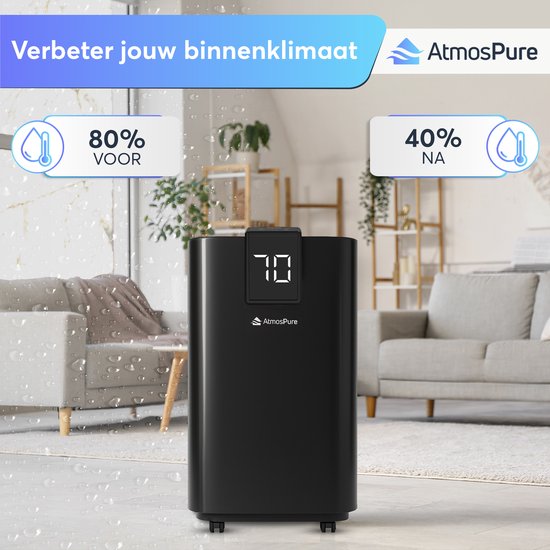 AtmosPure® Luftentfeuchter AirDry Elite - 12 l pro Tag - Waschtrockenfunktion - Luftreiniger perfekt für Waschküche, Bad, Wohnzimmer und Keller - Schwarz - Luftentfeuchter