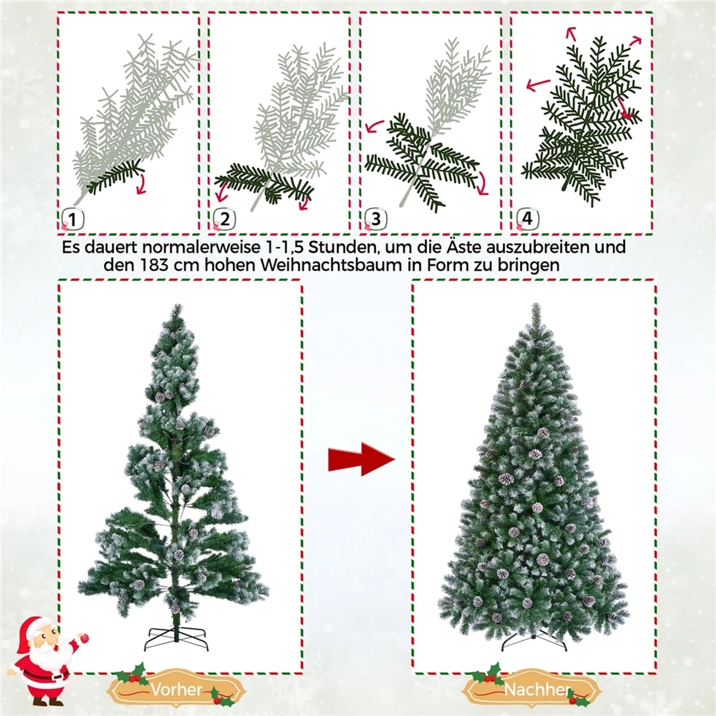 Yaheetech Künstlicher Weihnachtsbaum verschneit - 183 cm - mit 920 Zweigen und natürlichen Tannenzapfen und klappbarem Metallständer - für drinnen und draußen - grünes PVC und Metall - 106 x 106 x 183 cm