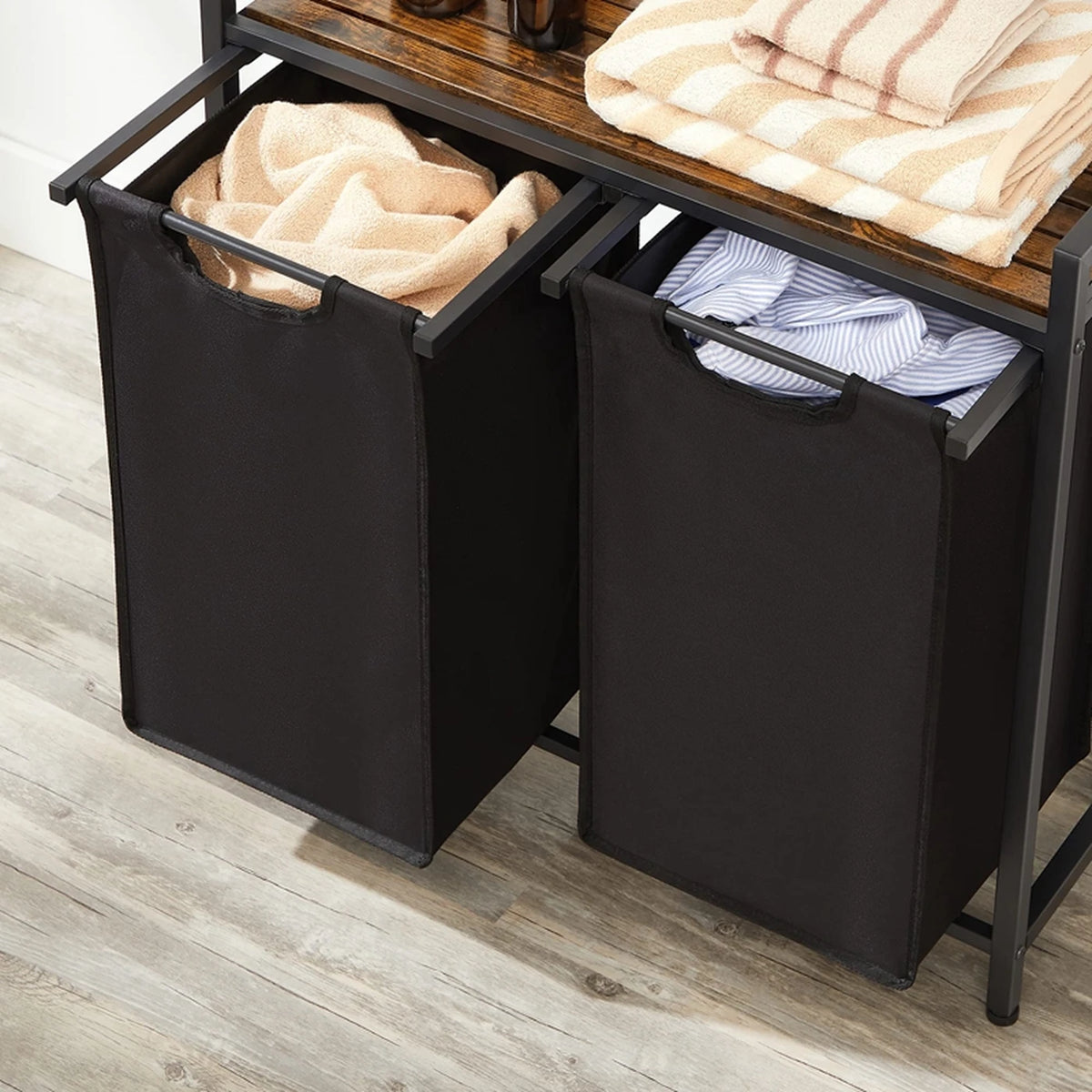 JOYFURNOS Wäschekorb mit 2 Fächern – 2 x 46 Liter – 73 x 33 x 72 cm – Vintage-Braun-Schwarz