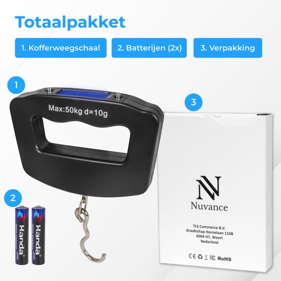 Nuvance - Digitale Gepäckwaage - Gepäckwaage bis zu 50 KG - Inklusive Batterien - Gepäckwaage - Gepäckwaage mit digitaler Anzeige - Hängewaage