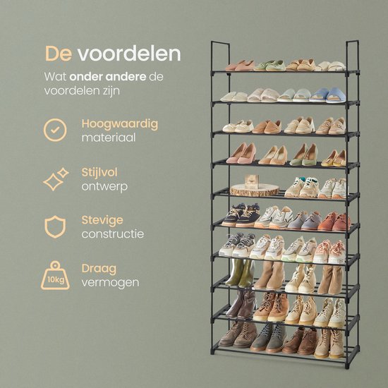 O'DADDY® Schuhregal 10 Lagen - Schuhaufbewahrungssystem - Schuhschrank - Schuhregal - Schuhschrank - Schuhaufbewahrungsregal für 35 bis 40 Paar Schuhe - Schwarzes Metall