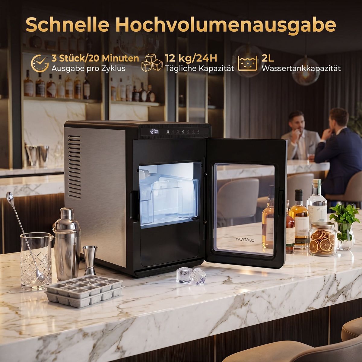 Coast Eiswürfelmaschine – 2 Einstellungen – 24-Stunden-Timer – 4 cm große quadratische Eiswürfel – schwarz und silber