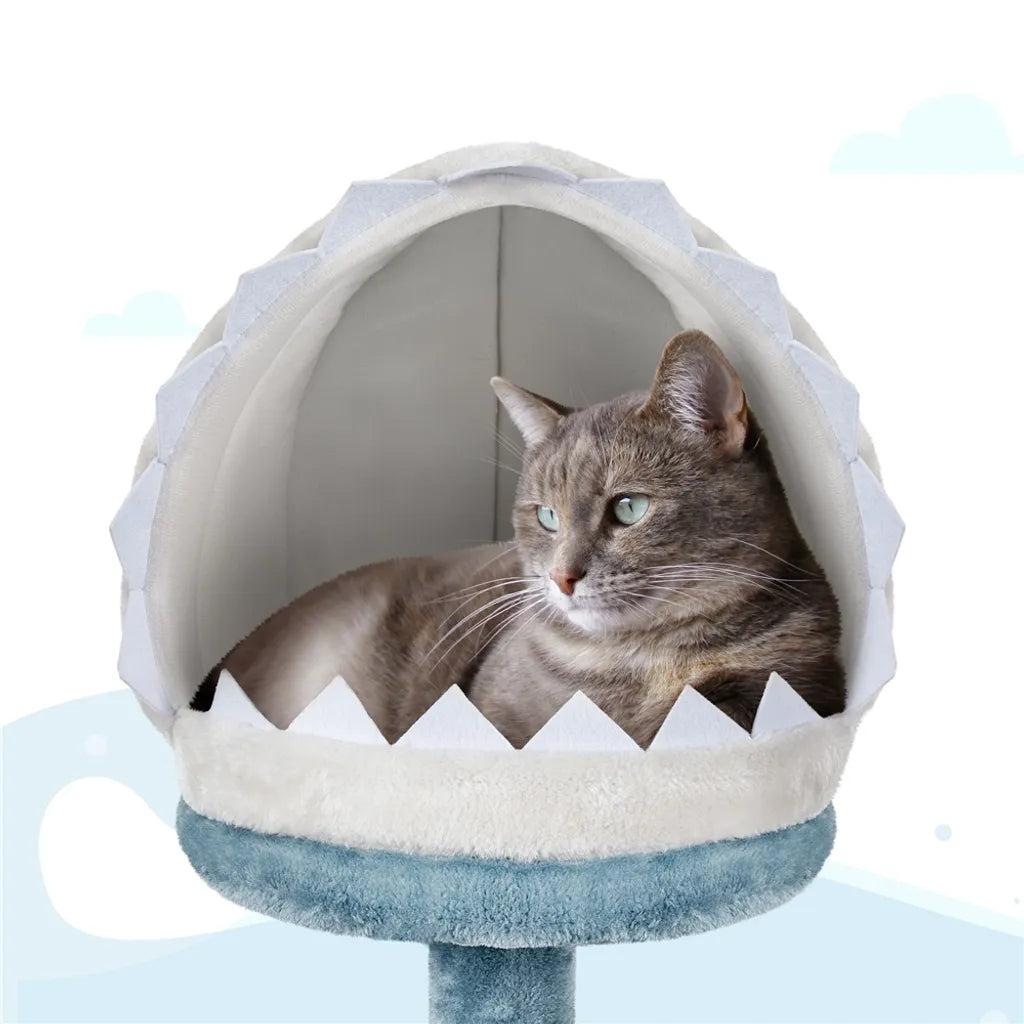 Yaheetech Kratzbaum Ocean Style 115 cm - Blau/Weiß - Kratzbaum mit Katzenhaus, Liegekorb, Plateau und Sisalpfosten
