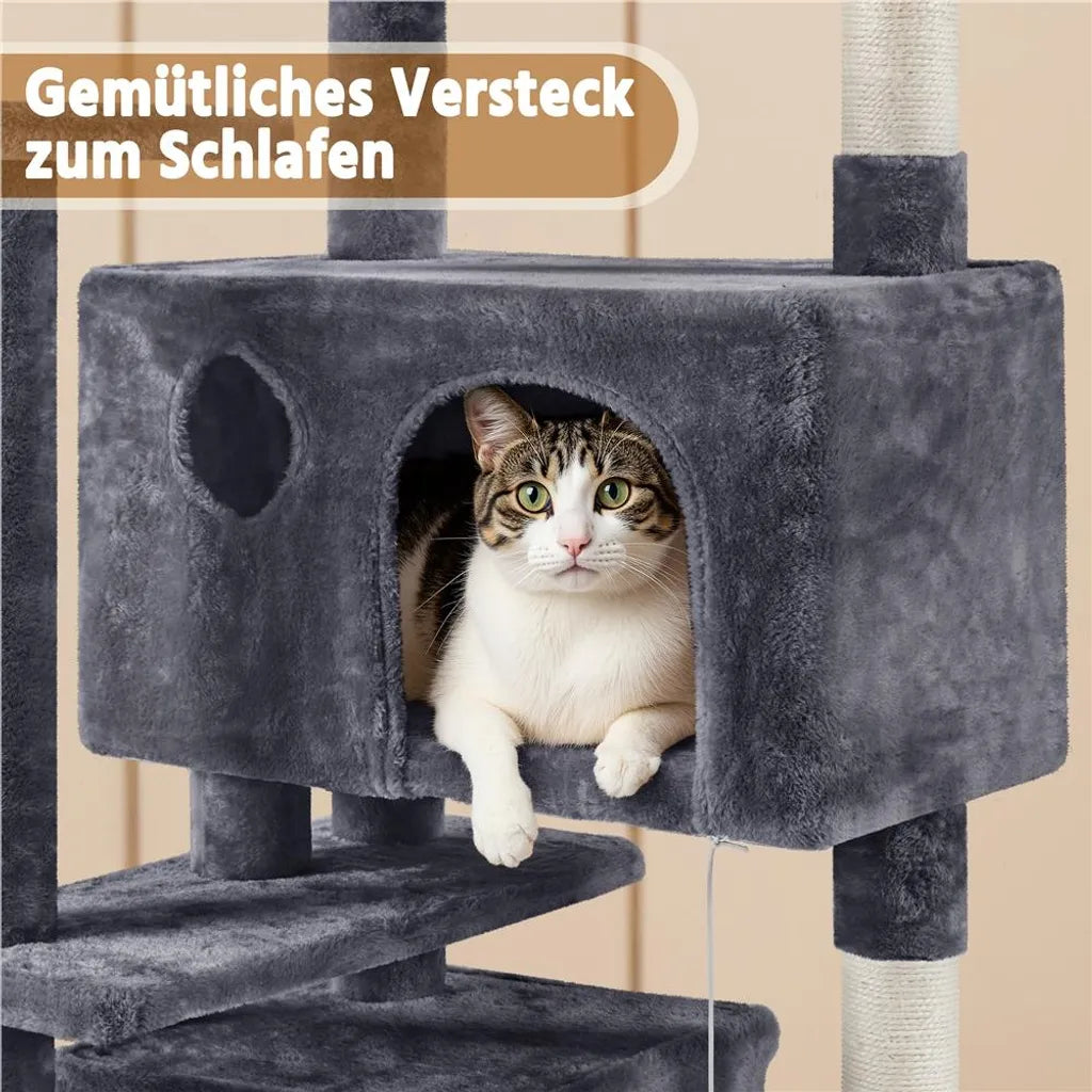 Yaheetech Kratzbaum dunkelgrau - 158 cm hoch - mit 3 Aussichtsplattformen und 2 Katzenhäusern