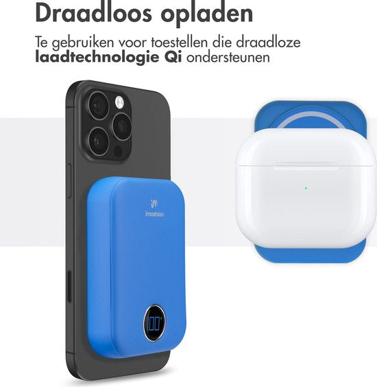 imoshion Powerbank 10000 mAh - Geeignet für MagSafe - Schnellladegerät 22,5W - LED-Anzeige - USB C & USB A - Wireless Powerbank Geeignet für Apple iPhone 12/13/14/15/16 - Blau