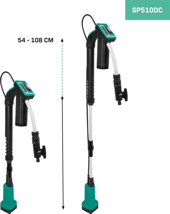 VONROC Regenfasspumpe 12V mit Akku - 50W - 1500 lt/h - mit Trockenlaufschutz - Universal-Gartenschlauchanschluss - inklusive Akku und Ladegerät
