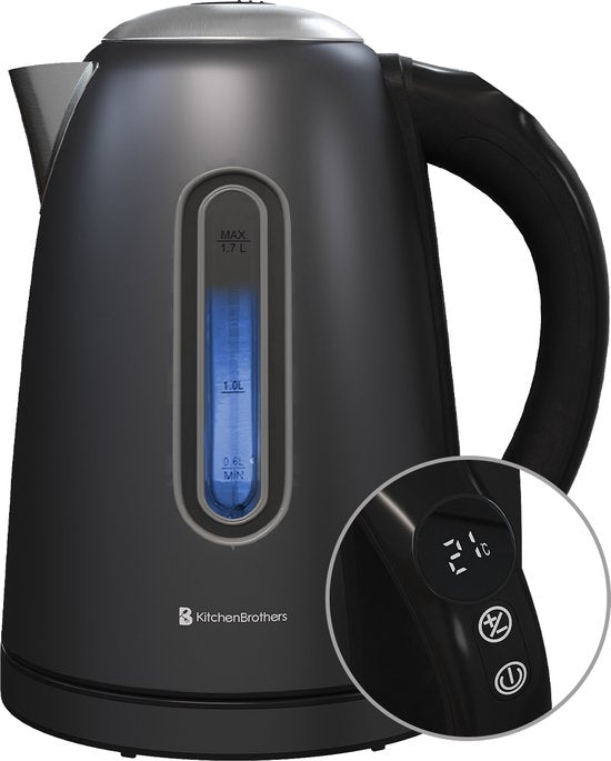KitchenBrothers - Wasserkocher - Mit Temperaturregelung - Elektrisch - Mit Kalkfilter - 1,7L - Schwarz/RVS