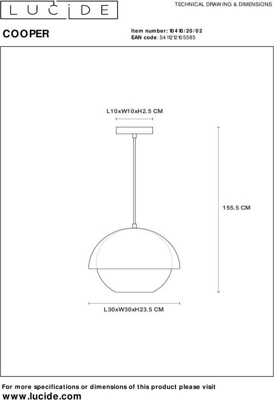 Lucide COOPER – Hängeleuchte – Ø 30 cm – 1xE27 – Mattgold / Messing