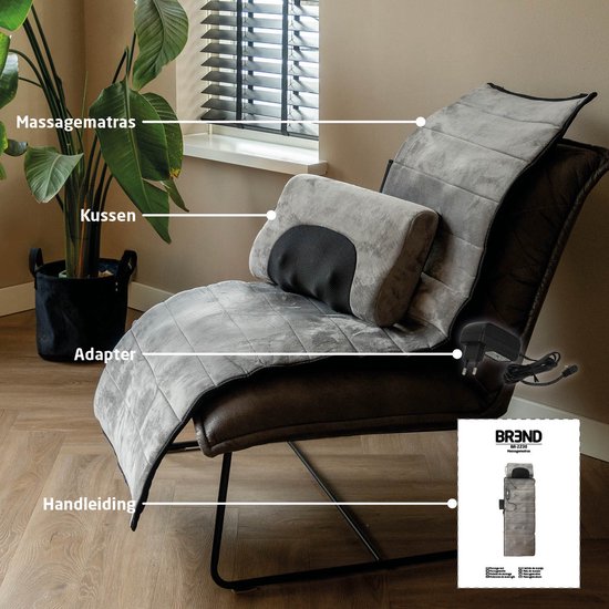 BREND BR-2230 Elektrische Massagematte und Kissen - Massagematratze mit Wärme, 5 Vibrationsmodi und 3 Intensitäten - Massagekissen - 170X55 CM - Grau