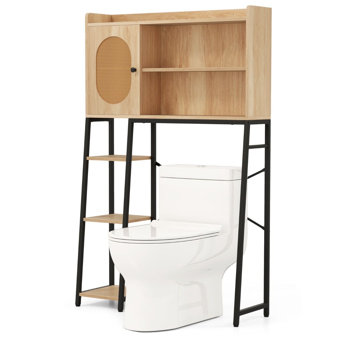 Coast Toilettenschrank 89x29x139 cm Natur - Freistehender Waschplatz mit PE-Rotan-Tür, Ablagefächern und verstellbarem Einlegeboden