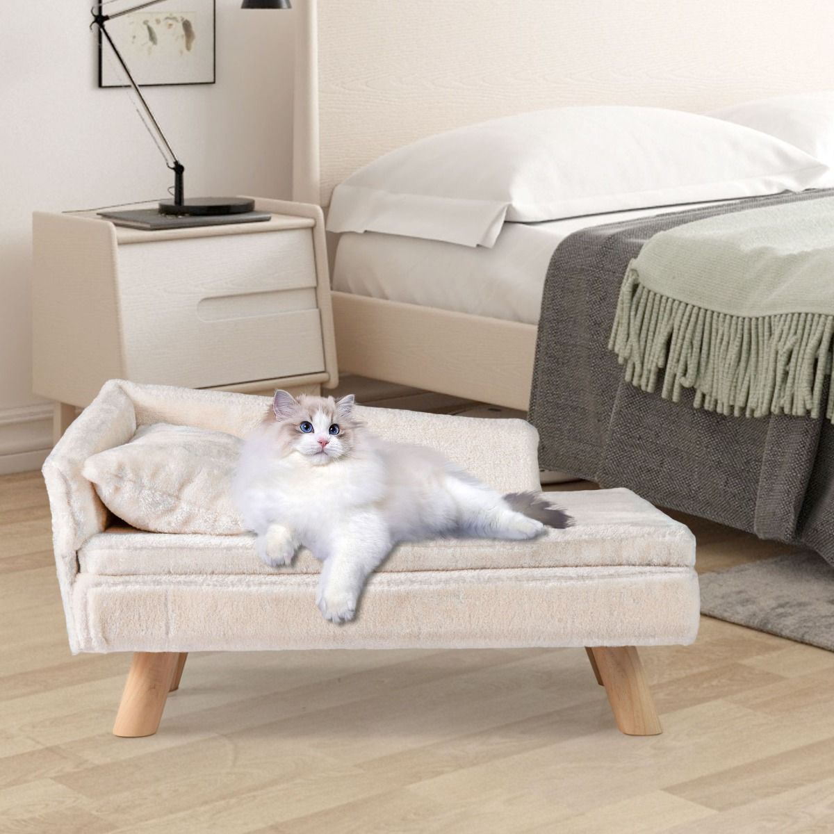 Coast Erhöhtes Haustierbett – halbrunde Rückenlehne – abnehmbares Kissen – beige – 71 x 43 x 40 cm