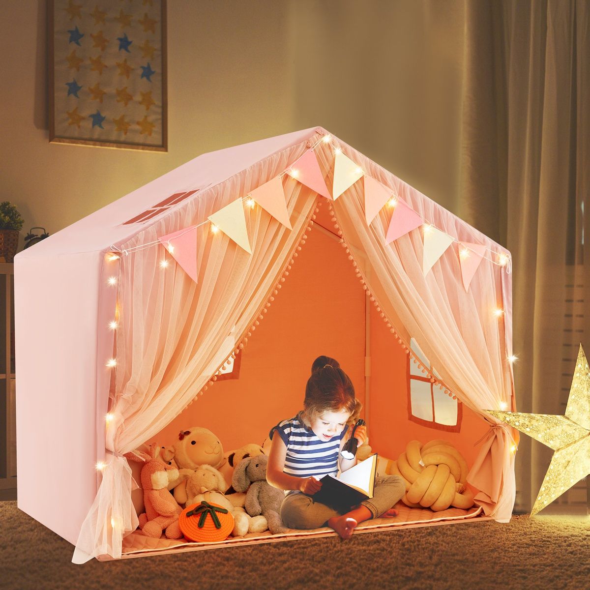 Coast Kinderspielzelt – mit Vorhängen und Sternenbeleuchtung – großes Spielhauszelt – rosa