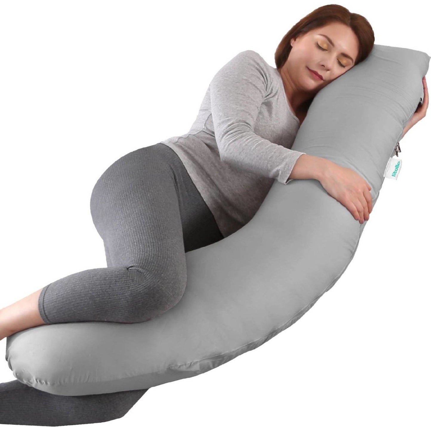 Litollo® Schwangerschaftskissen (J-förmig) - Umstandskissen - Stillkissen - Körperkissen - 145cm - Abnehmbarer Bezug - Grau