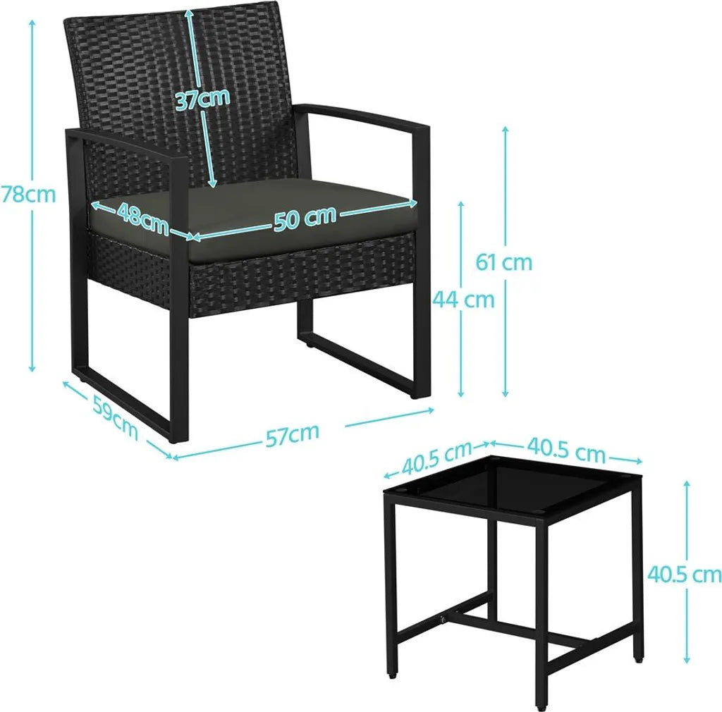 Yaheetech Gartenmöbel-Set, 3-teilig – Schwarz/Grau – Balkon-Set aus Polyrattan mit Beistelltisch