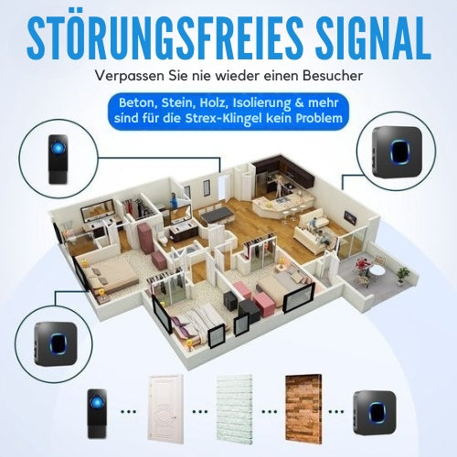 Strex - Funk-Türklingel - mit 2 Empfängern - 300 Meter - IP55 Wasserdicht - Schwarz