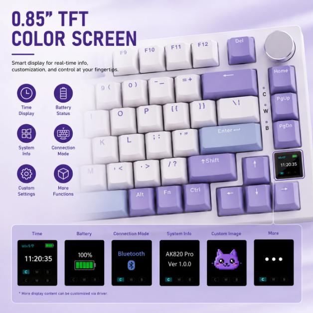 AJAZZ AK820 Pro Mechanische Tastatur – 75 % – QWERTY US – Tri-Mode – TFT-Display – RGB – Grau – Sea Salt Purple-Schalter