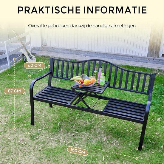 O'DADDY® Gartenbank mit Klapptisch - Gartenbank - Wetterfeste Bank - Gartenbänke - Bank für 2 oder 3 Personen - 150 x 60 x 87 cm - Schwarzes Metall
