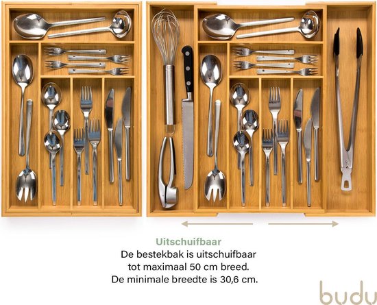 Budu Extendable Bamboo Cutlery Tray #47 (47 cm tief) - Besteckkassette Holz - Besteckschublade - 47 x 30.6 - 50 cm - 6/8 Fächer