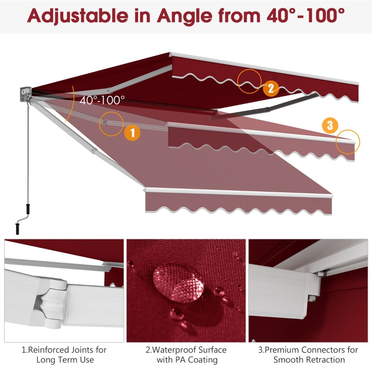 Coast Manueller ausziehbarer Sonnenschirm 295x250 cm - Rot - Aluminiumrahmen - Verstellbarer Winkel 40°-100° - Ohne Bohren