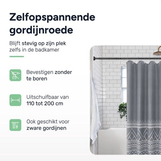 Vorhangstange - Schwarz - 110 bis 200cm - Ohne Bohren - Schiene - Ausziehbar - Vorhangschienen komplett - Selbstklebend