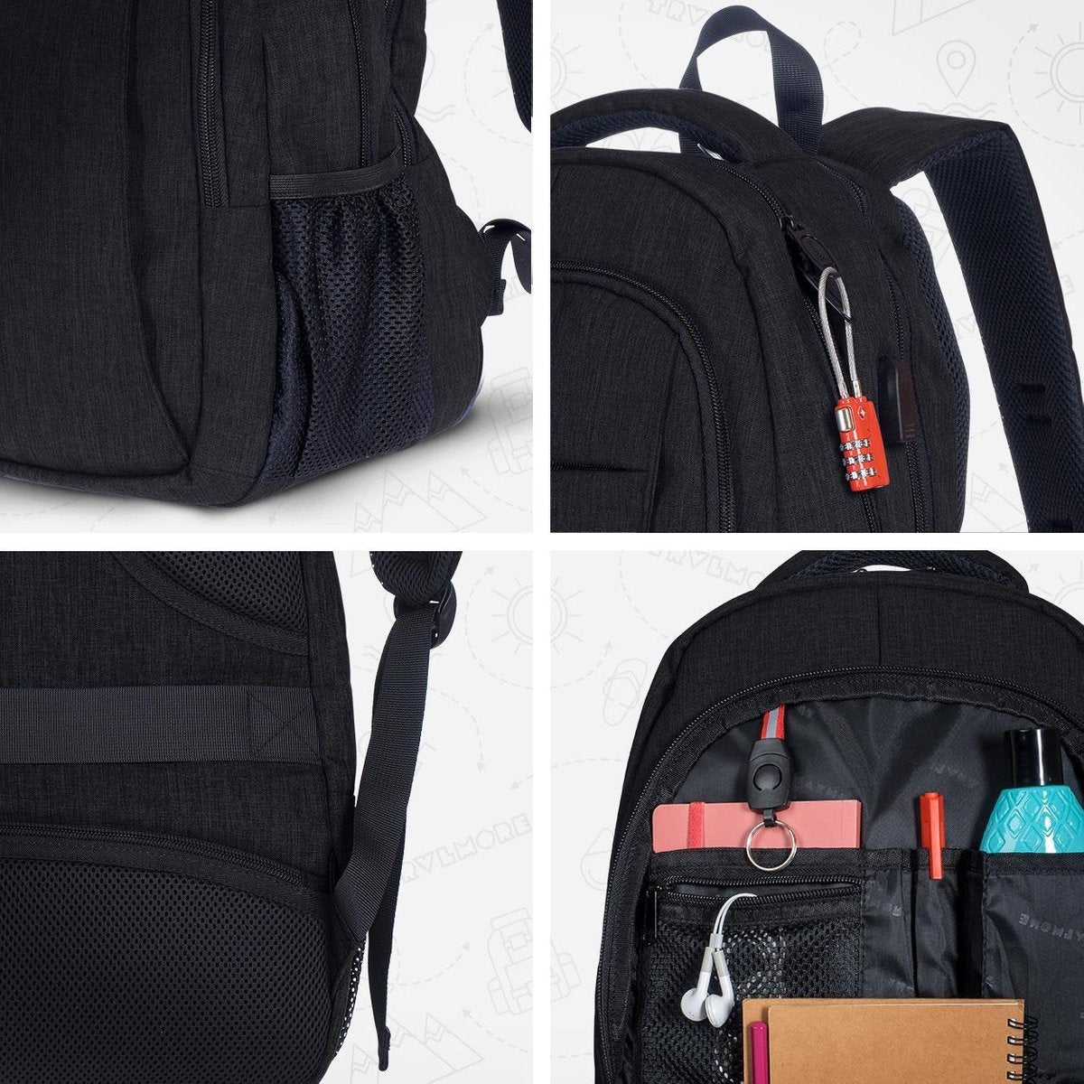 TRVLMORE Rucksack - 28L - 15.6 Zoll - Laptop-Rucksack - Schultasche - Unisex - Spritzwassergeschützt Schwarz