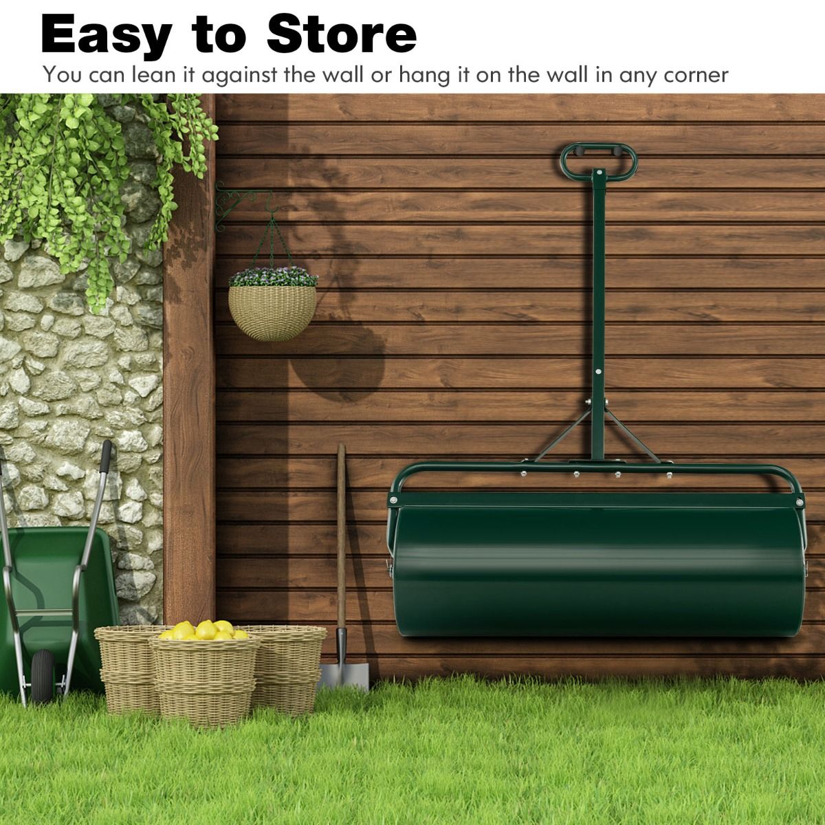 Coast Metall-Garten-Rasenwalze 63L - 99 x 30 x 137 cm - Grün - Abnehmbarer Griff & Traktor-Kupplung