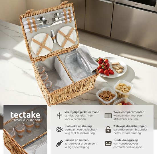 tectake - komplettes Picknickkorb-Set Terschelling - Luxuriöses 21-teiliges Picknick-Set für 2 Personen - Picknickkorb aus Weidengeflecht - Inklusive Kühlbox, Set mit Tellern, Weingläsern aus Kunststoff und Besteck aus Edelstahl