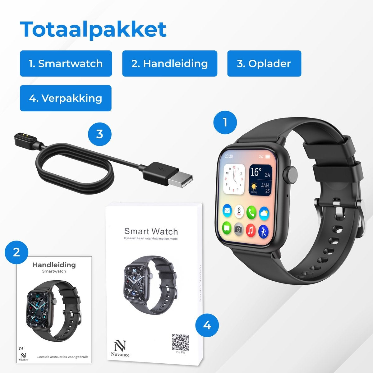 Nuvance Smartwatch Männer & Frauen - 45mm - Für iOS & Android - Schrittzähler und Herzfrequenzmesser - Wasserdicht - Schwarz