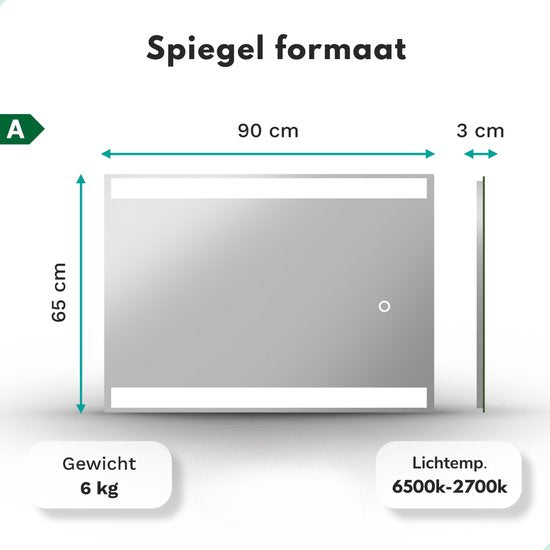 Mirlux Badezimmerspiegel mit LED-Beleuchtung & Heizung - Wandspiegel rechteckig- Anti-Kondensations-Duschspiegel - 90x65CM