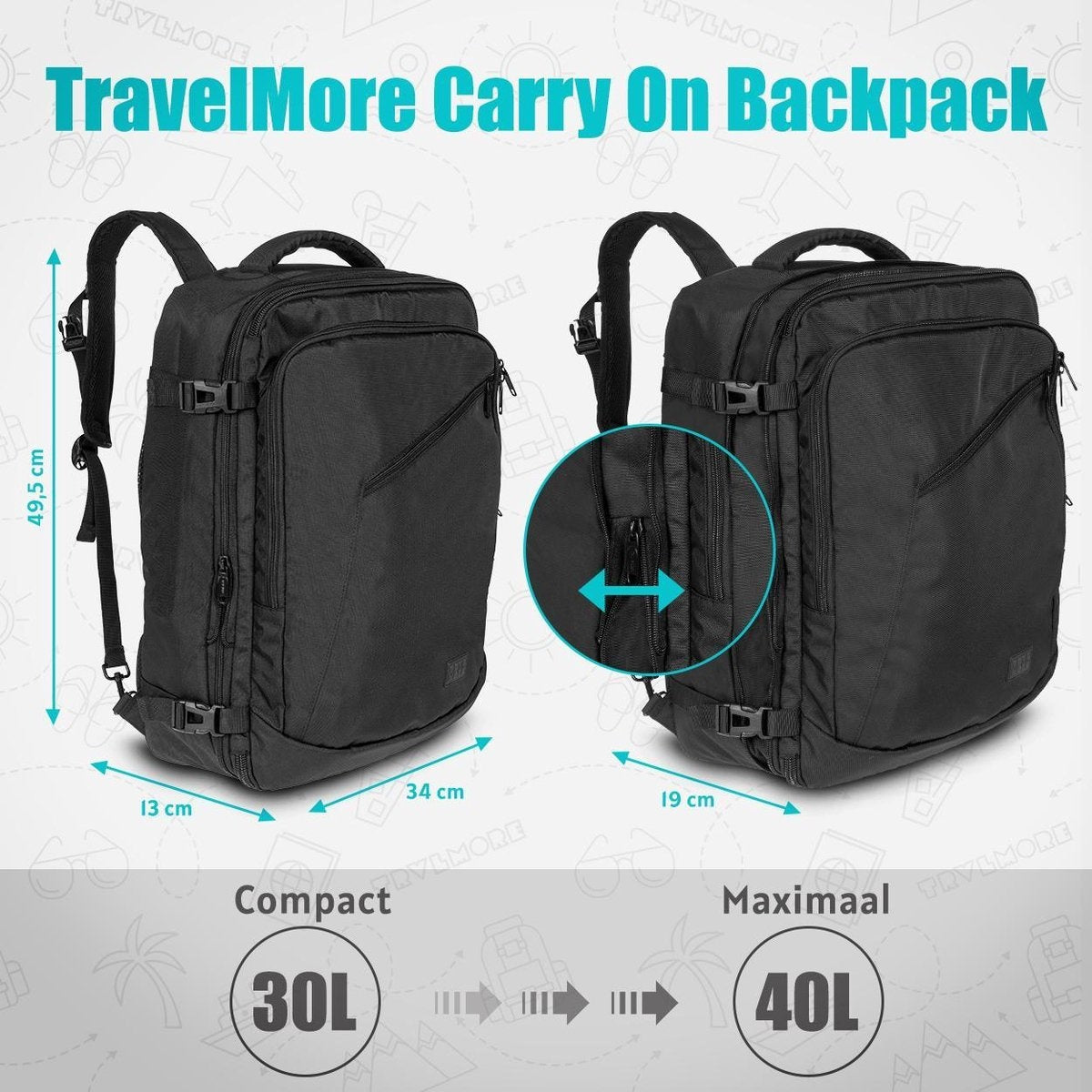TRVLMORE Reisetasche - 40L - Rucksack - Handgepäck Wochenendtasche - Rucksack - Spritzwassergeschützt Schwarz