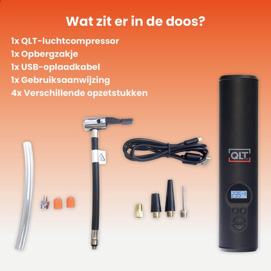 QLT Wireless Air Compressor mit LED-Beleuchtung - Elektrische Pumpe - Inklusive USB-Ladekabel und 4 Aufsätze - 10,3 Bar - LCD-Display - Schwarz