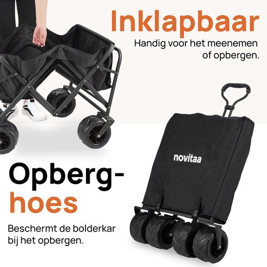 Novitaa Bolderkar faltbar - Starker Rahmen - Dickere Räder mit Bremse - 150KG Tragfähigkeit - 100L Kapazität - Waschbares Polyester - Schwarz