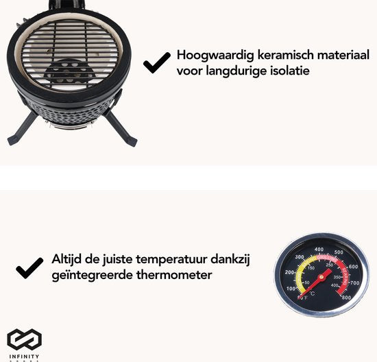 Infinity Goods Kamado BBQ Ei - 13 Zoll - Inklusive Abdeckung - Holzkohle BBQ - Ø 27 CM - Schwarz
