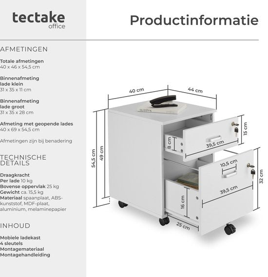 tectake Schubladenschrank - Mit 2 abschließbaren Schubladen, feststellbare Rollen - Rollcontainer - Organizer - Ideal für einen organisierten Arbeitsplatz - Büro, Arbeitszimmer, Home Office - Weiß