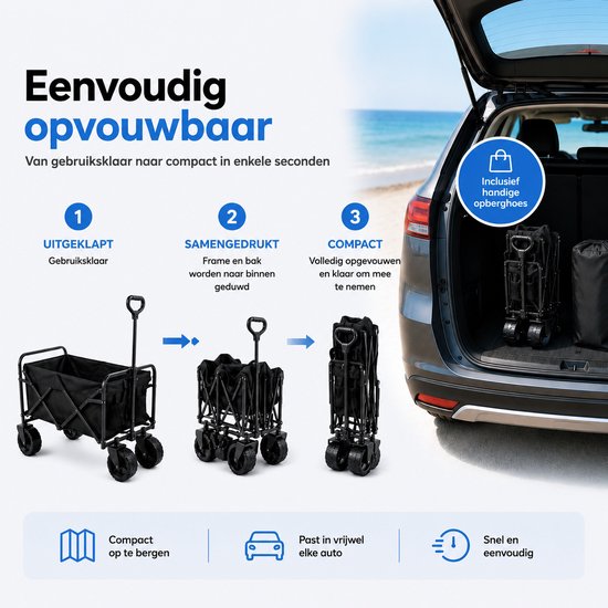Faltbarer Handwagen – Zusammenklappbarer Handwagen 150 kg – Handwagen für Einkäufe – Strandwagen – Handwagen für den Transport von Kindern – Beachwagon – Handwagen für Kinder - Handkarren - Gartenwagen - Strand- & Festivalwagen - Bolderkarren - Transportw