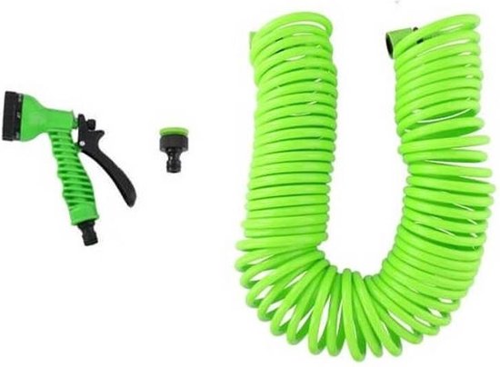 Kinzo Flexibler Gartenschlauch 15 Meter - Inkl. Düse und Schnellkupplung - 7 Sprühfunktionen - Spiralschlauch - UV-beständig - PVC - Grün
