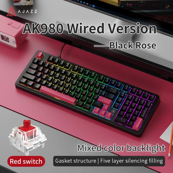 AJAZZ AK980 Kabelgebundene mechanische Gaming-Tastatur – 98 %-Layout mit Ziffernblock – Gasket-Mount – Hot-Swap-fähig – RGB – US-QWERTY – Red Switch – Schwarz/Rosa