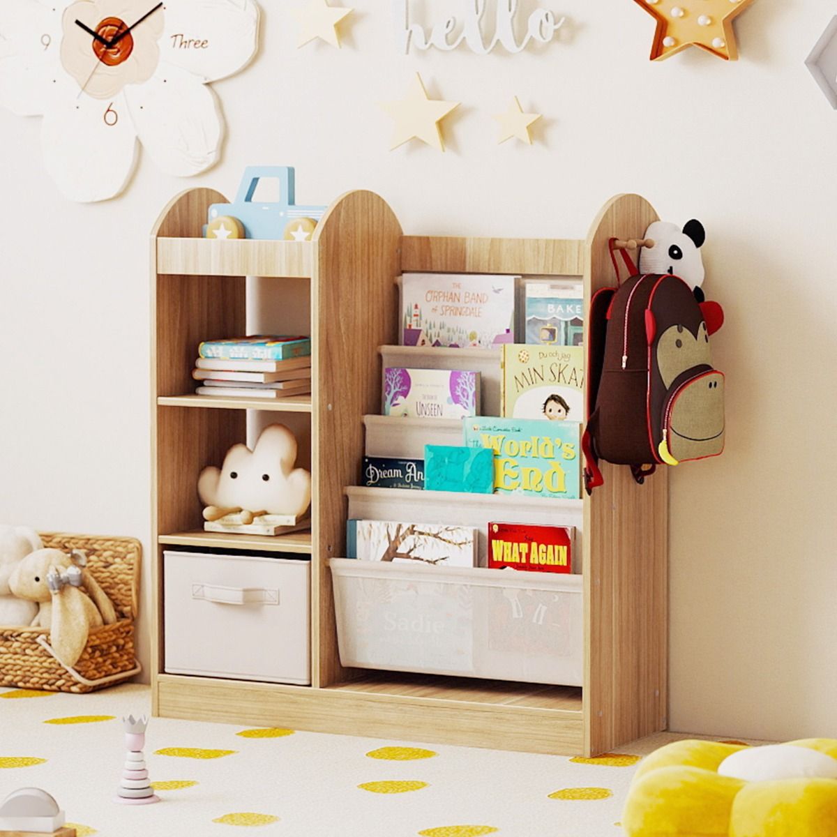 Coast Kinderbücherschrank mit Ganzkörperspiegel – 4-stöckiges Bücherregal, Stoffschublade und Haken – Naturfarben – 87,5 x 30 x 90 cm
