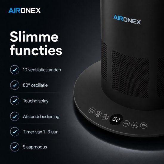 Aironex Kabelloser Ventilator Schwarz – Energieeffizienter Luftkühler – Luftkühler mit Schwenkfunktion – Heizen und Kühlen in einem – Ventilatoren – Tischventilator – Standventilator