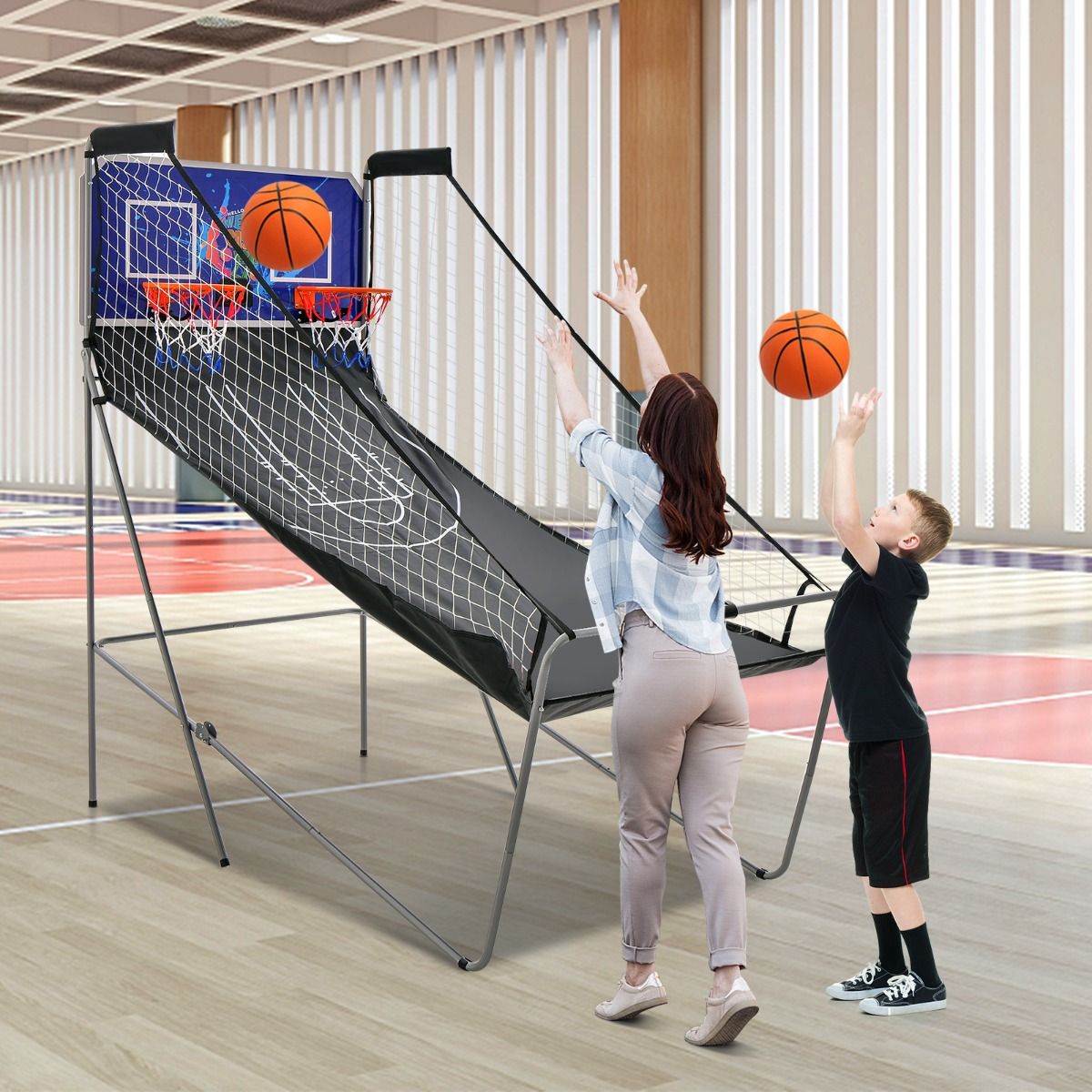 Coast Elektronisches Basketballspiel für drinnen – Doppelwurf – Automatische Punkteanzeige – Dunkelblau + Schwarz