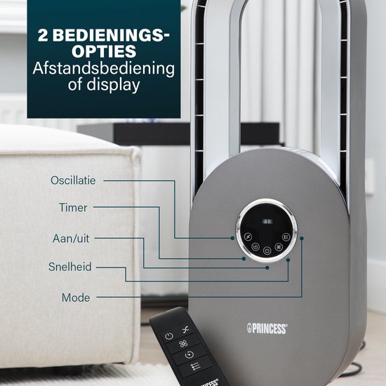 Blattloser Ventilator – 45 W – Schwenkbar – Timer 15 Std. – LED-Anzeige – Fernbedienung – Leise & leistungsstark – Princess 351500 – Weiß