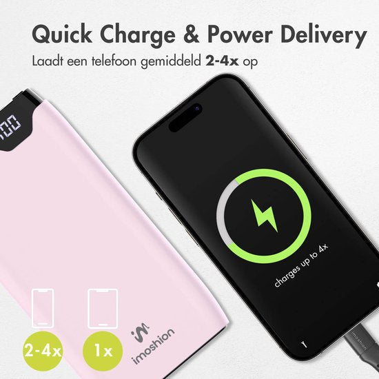 imoshion Powerbank 20000 mAh - Schnellladegerät 22,5W - LED-Anzeige - USB C & USB A - Geeignet für iPhone und Samsung, u.a. - Universal - Hellrosa