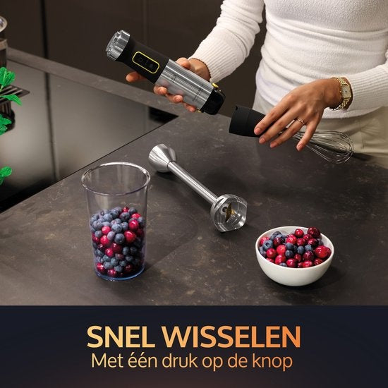 JAP Appliances ForceBlend F3 - 7in1 Stabmixer-Set (1500W) - Inklusive Küchenmaschine, Messbecher, Spiralschneider, Schneebesen und Rührbesen - Für Suppe, Fleisch, Smoothies und Baby-Snacks - Schwarz/RVS