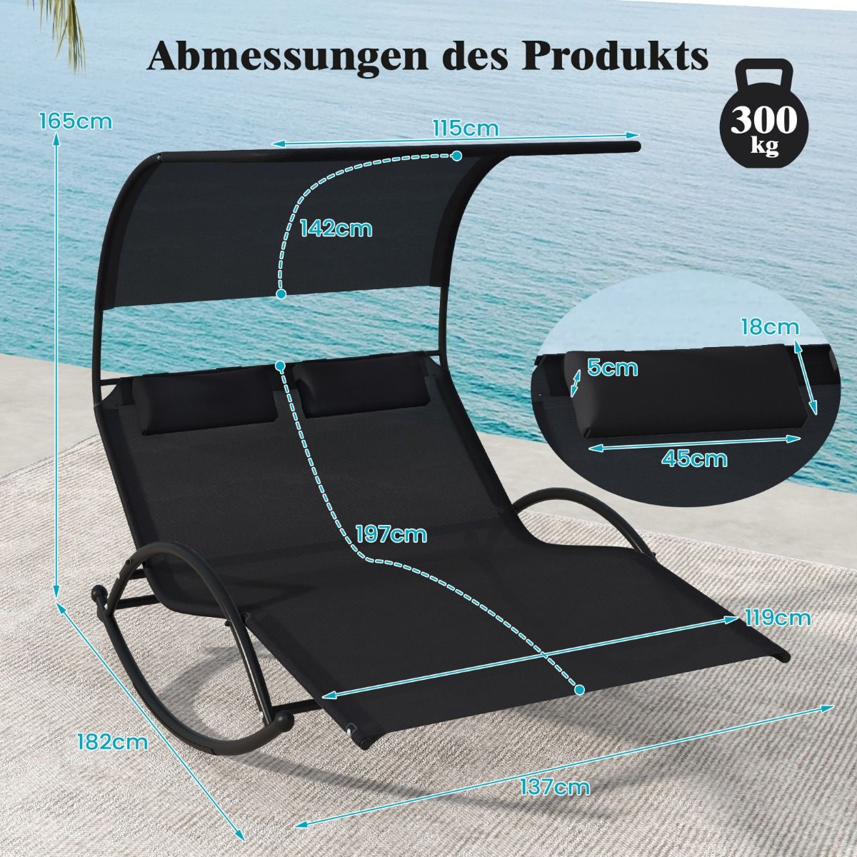 Coast 2-Personen-Schaukelstuhl mit Sonnendach - 182 x 137 x 165 cm - Schwarz