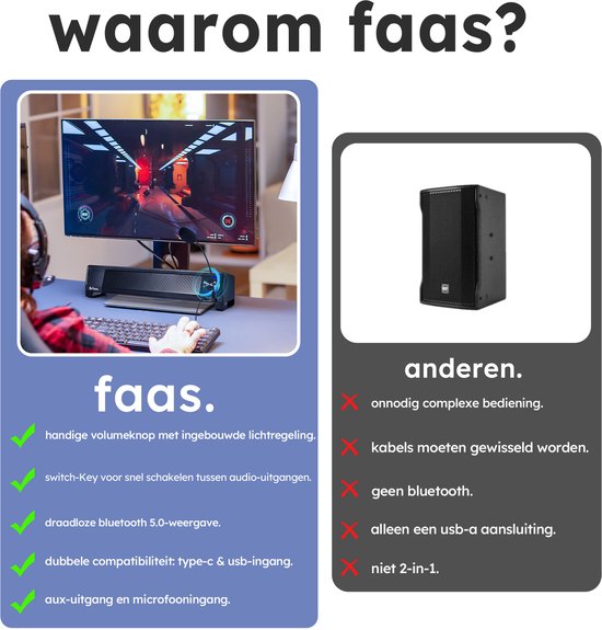 PC-Lautsprecher 2.1 - Mit Mikrofon und Bluetooth 5.0 - Soundbar für PC - USB-C und USB-A - Schwarz - von Faas