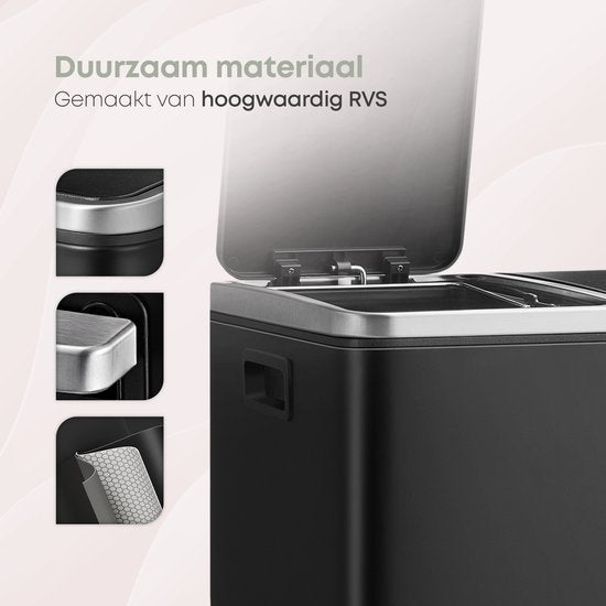 O'DADDY® Mülleimer Abfalltrennung - 30 Liter - Softclose-Doppelfächer - Mülleimer - Mülleimer - Treteimer - Mülleimer - Mülleimer 2x 15L Fassungsvermögen - inkl. Müllbeutel - Kompaktes Design - Metall - Schwarz