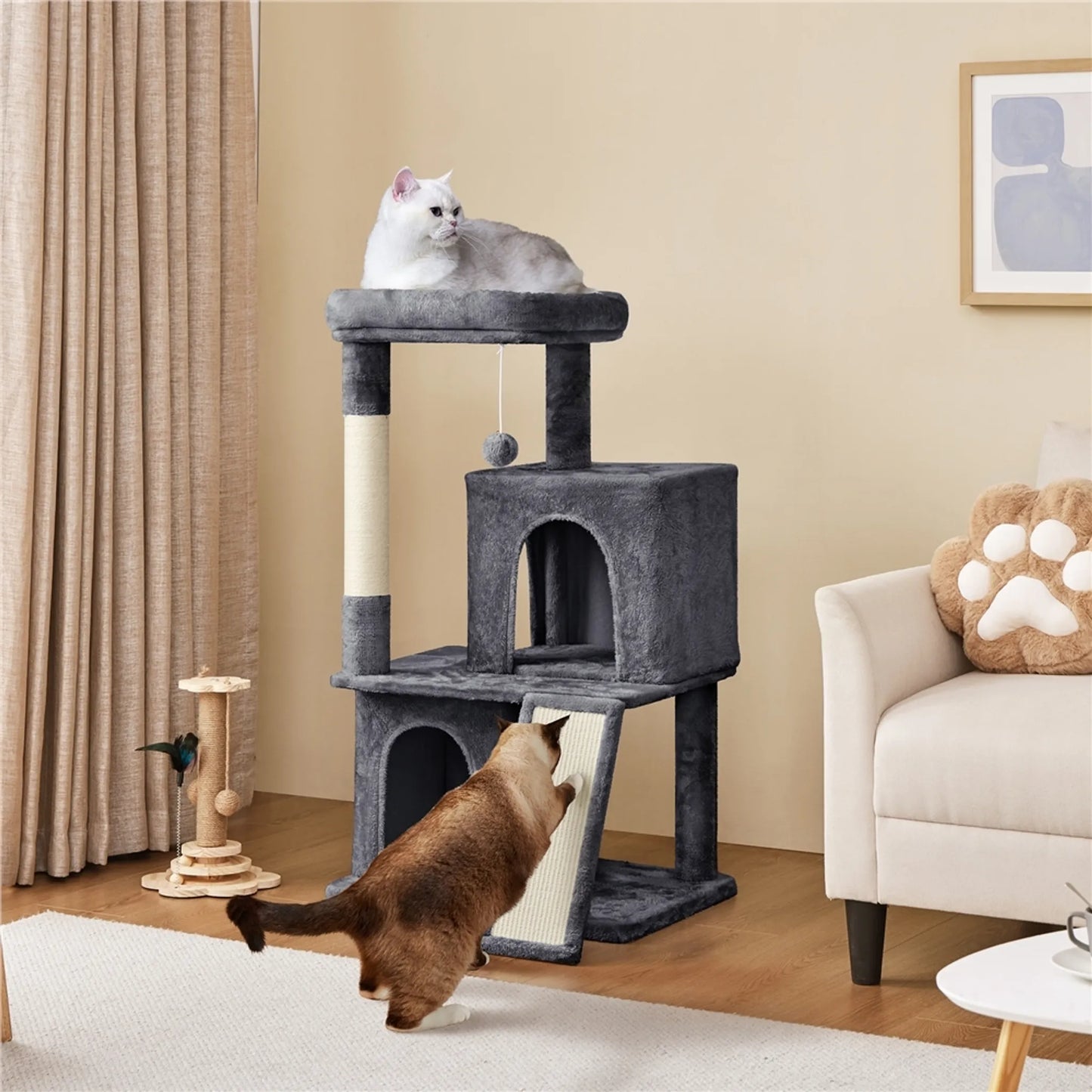 Yaheetech Katzenpfosten mit zwei Katzenhäusern - Ausgestattet mit Aussichtsplattform und Kratzbrett und Sisalstange und Spielball - Für 1-2 kleine bis mittlere Katzen - Dunkelgrauer Plüsch und Sisal - 60 x 45 x 106 cm