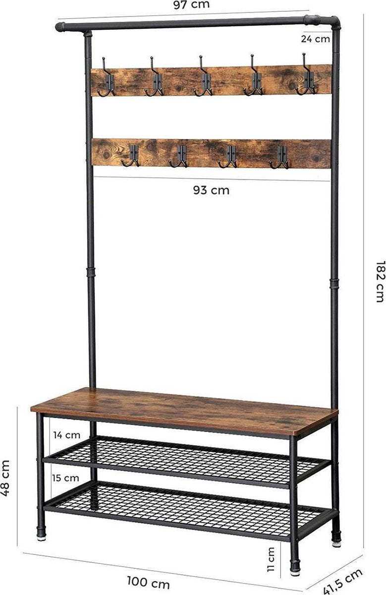 O'DADDY® Garderobenständer hochkant - Garderobe mit Schuhablage - 23 Haken 2 Lagen Schuhablage 10 Paar - Garderobe - 100 x 41,5 x 182 cm - braun